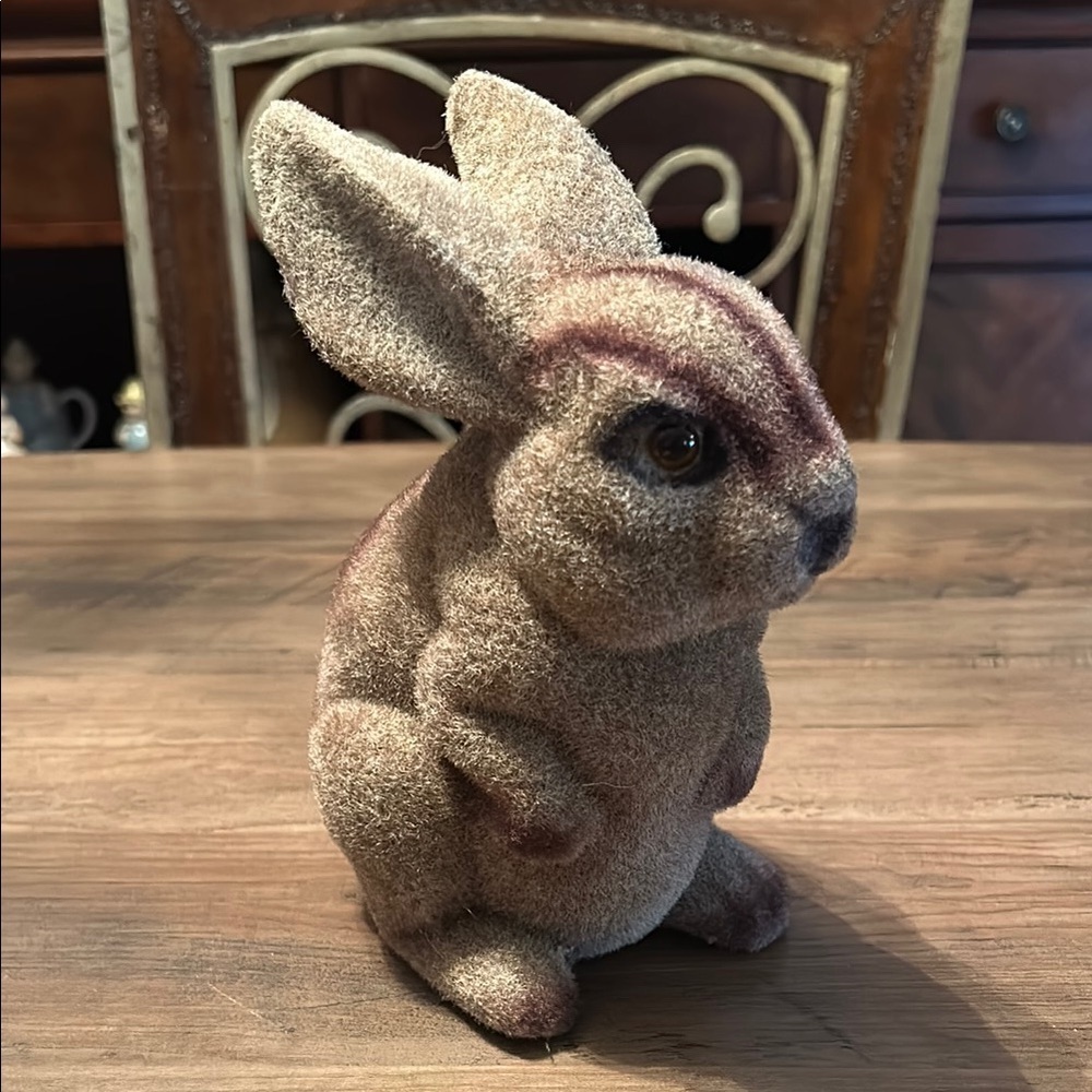 Vintage Flocked Plastic Fuzzy Brown Bunny Rabbit figurine 70s